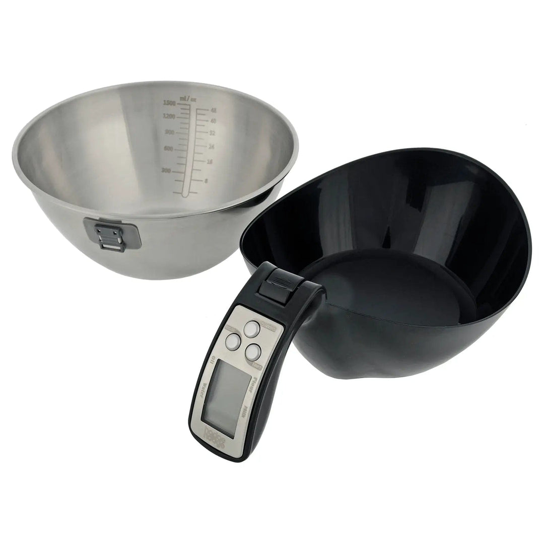 Measuring cup style kitchen scales with removable stainless steel bowl sitting beside the black jug base with handle