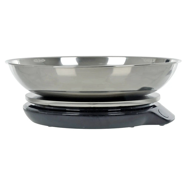 Side view of stainless steel kitchen scales with shallow bowl