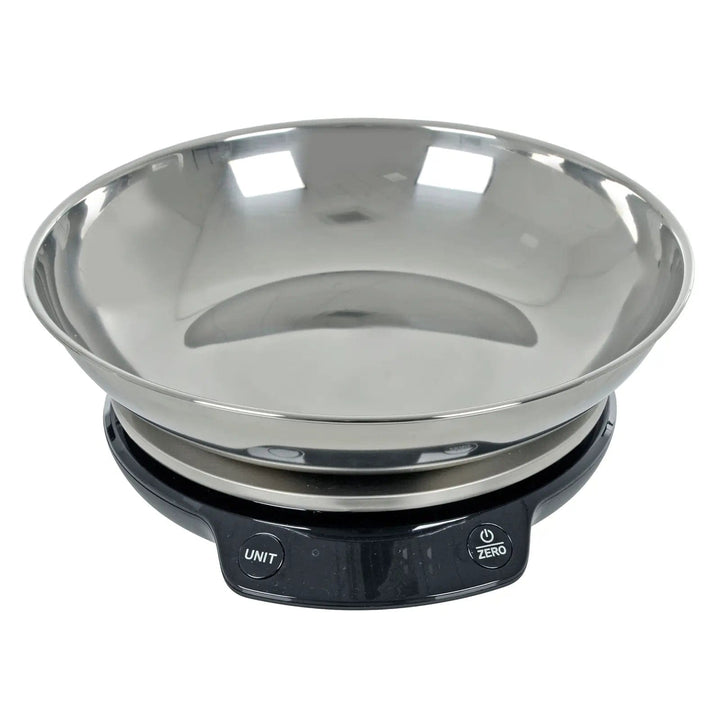 Digital kitchen scales with stainless steel bowl and black base with unit and zero function