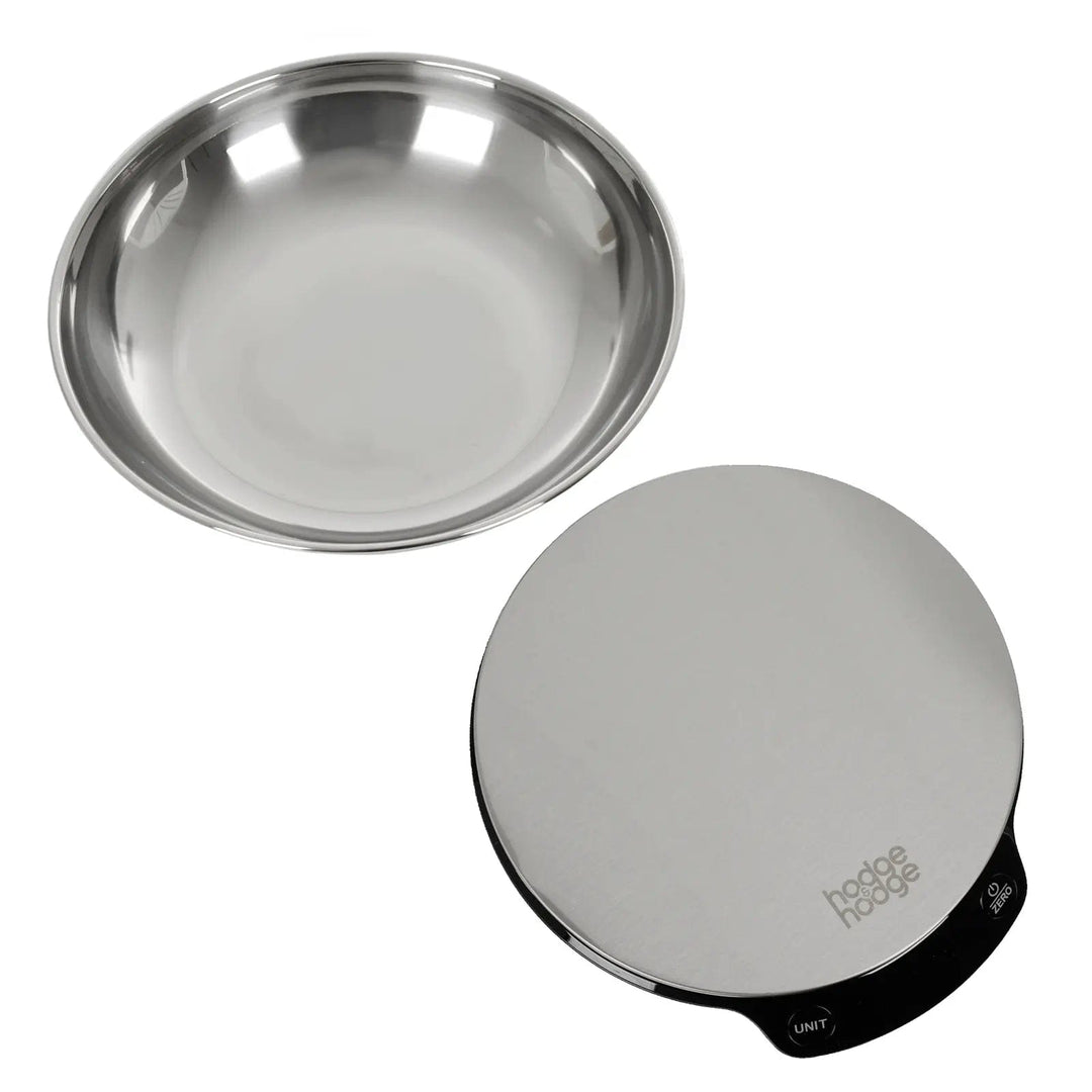 Top view of stainless steel kitchen scales with removable shallow measuring bowl