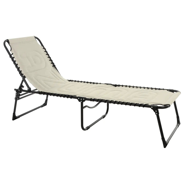 Silver grey sun lounger with padded seat, black frame and brand stitching