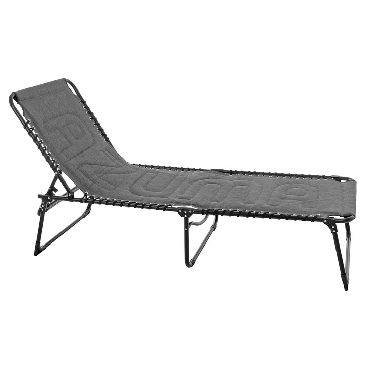 Dark grey padded sun lounger with black frame, adjustable backrest and AZUMA stitched banding