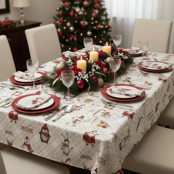 Dining table set for Christmas with a festive tablecloth, decorations, and candles.