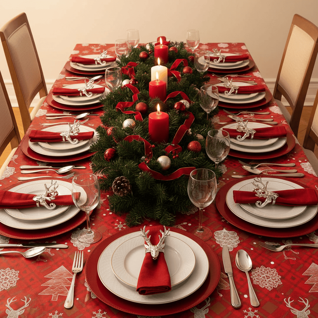 Decorated Christmas dinner table with red tablecloth, greenery, candles, and place settings.