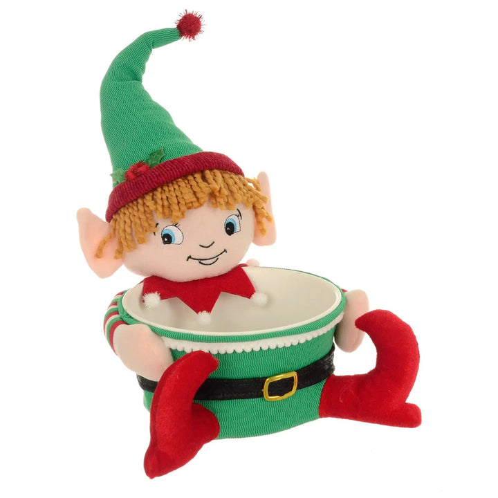 Boy elf Christmas candy holder with red and green fabric hat and boots and ginger wool hair