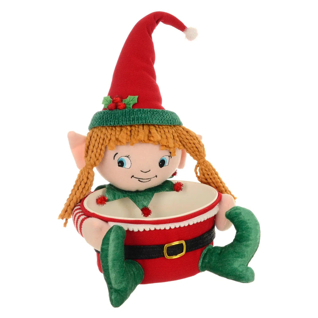 Girl elf Christmas candy holder with red and green fabric hat and boots and ginger wool hair