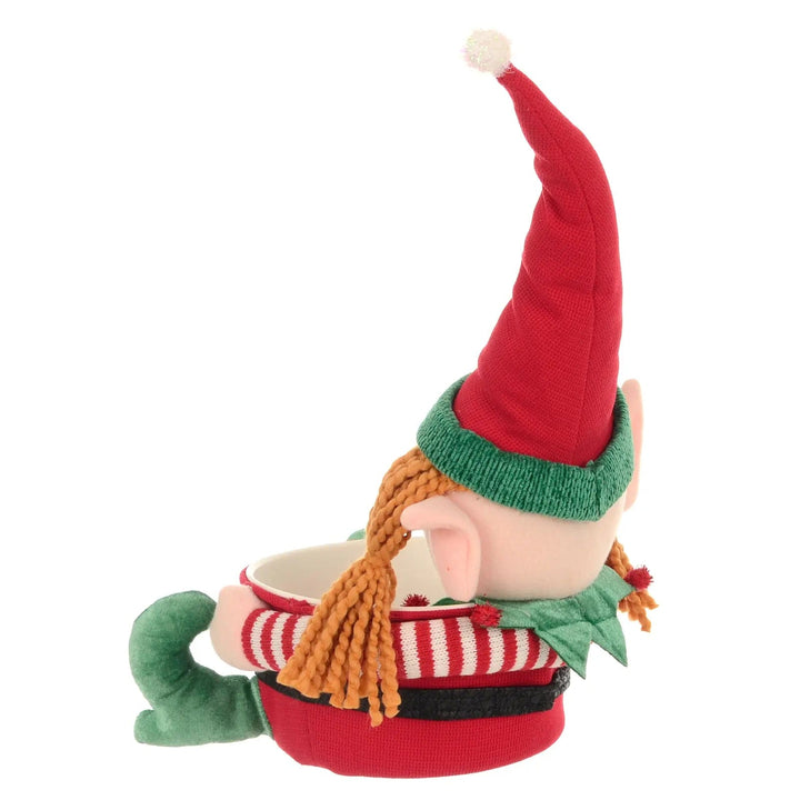 Back view of a red and green Christmas elf candy holder