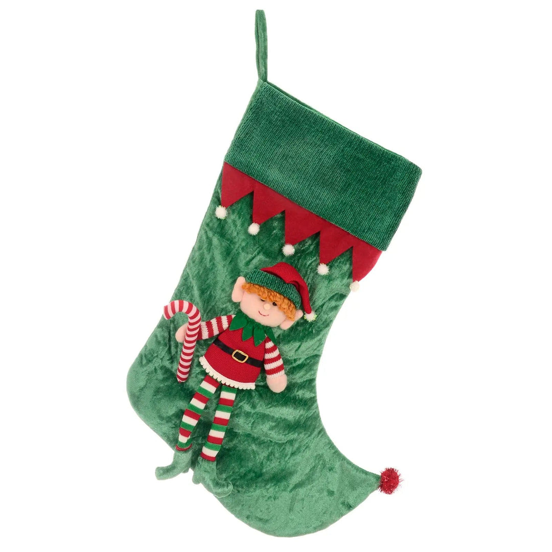 Green Christmas stocking with boy elf figure decoration and red pom pom