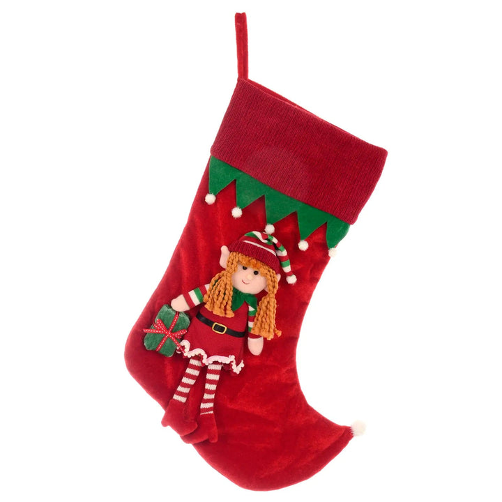 Red Christmas stocking with girl elf figure decoration and white pom pom