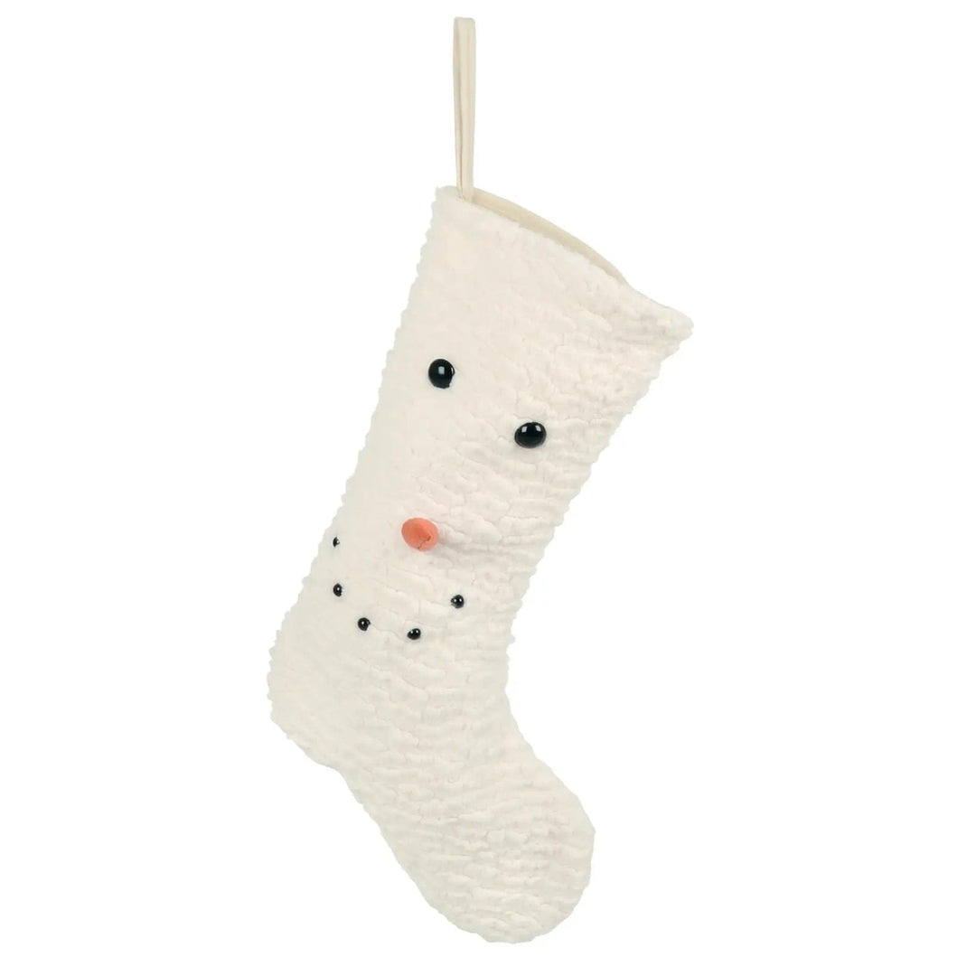 White fleece Snowman Christmas Stocking with orange carrot nose and black bead eyes and mouht