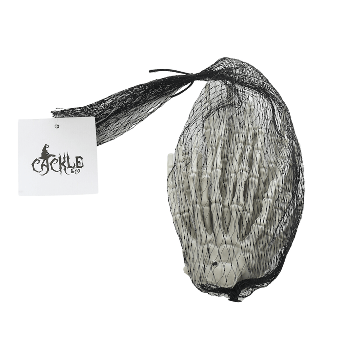 skeleton hands in black mesh bag for storage with cackle and co brand tag