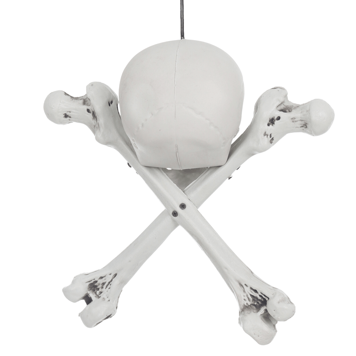 back view of hanging skull and crossbones