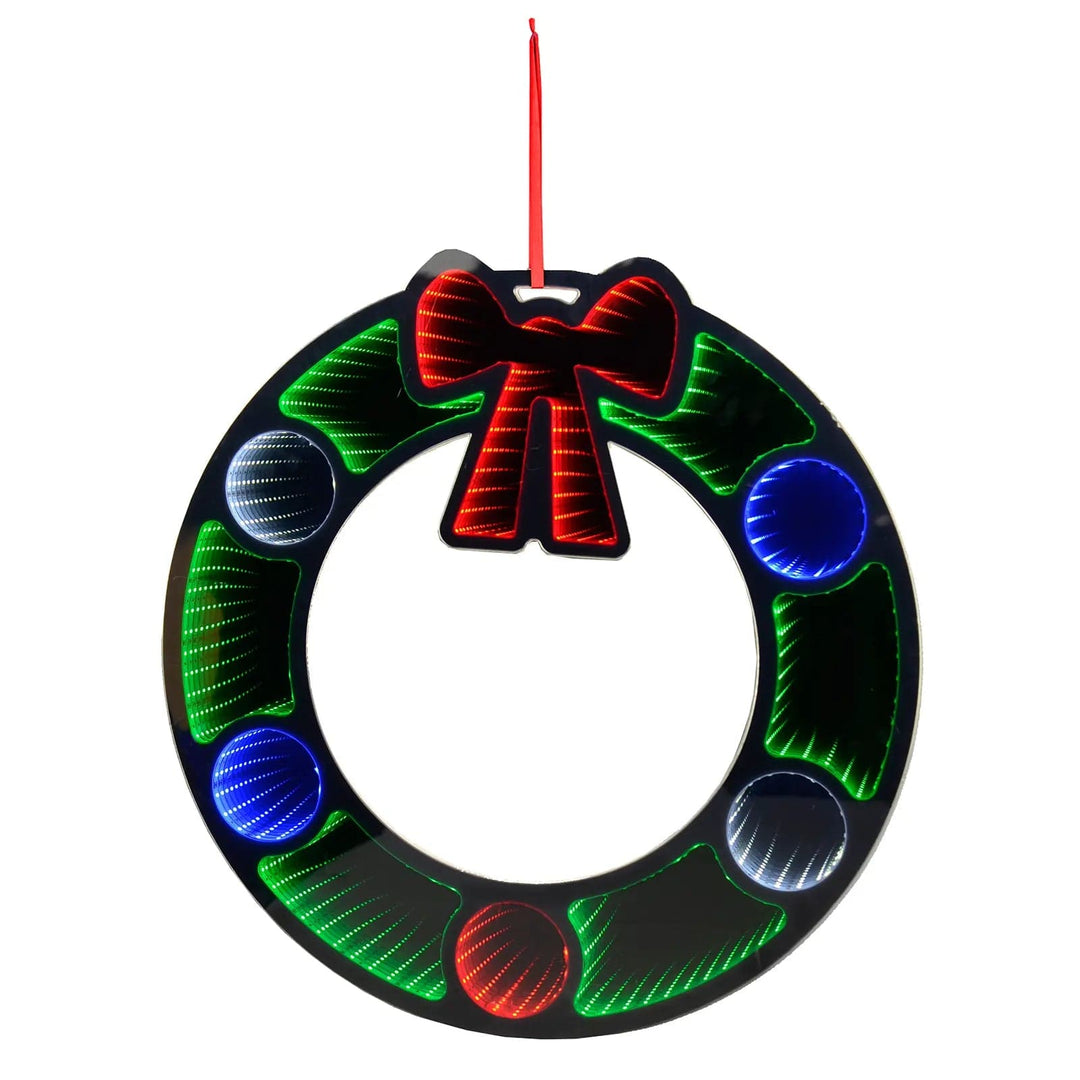 Christmas Wreath shaped infinity mirror with coloured LED lights and hanging ribbon