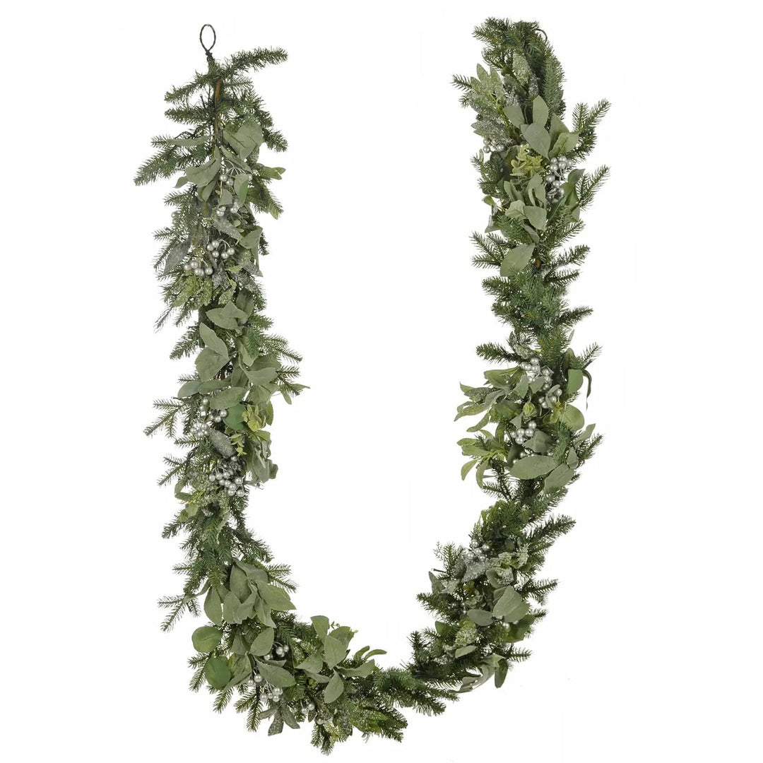 Light up green foliage Christmas garland with silver berries and warm white LED lights