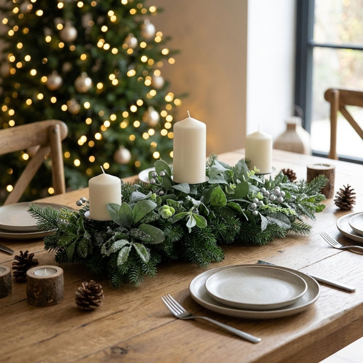 Christmas Table Centrepiece Silver Berries Green 3 Candle Holders