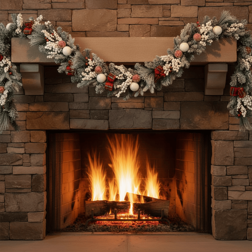Stone fireplace with a roaring fire and festive garland on a stone wall.