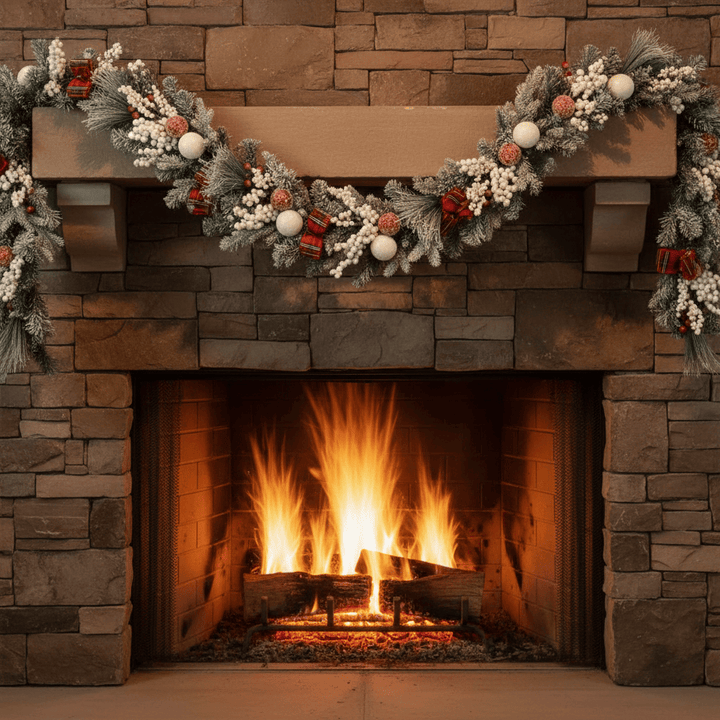 Stone fireplace with a roaring fire and festive garland on a stone wall.