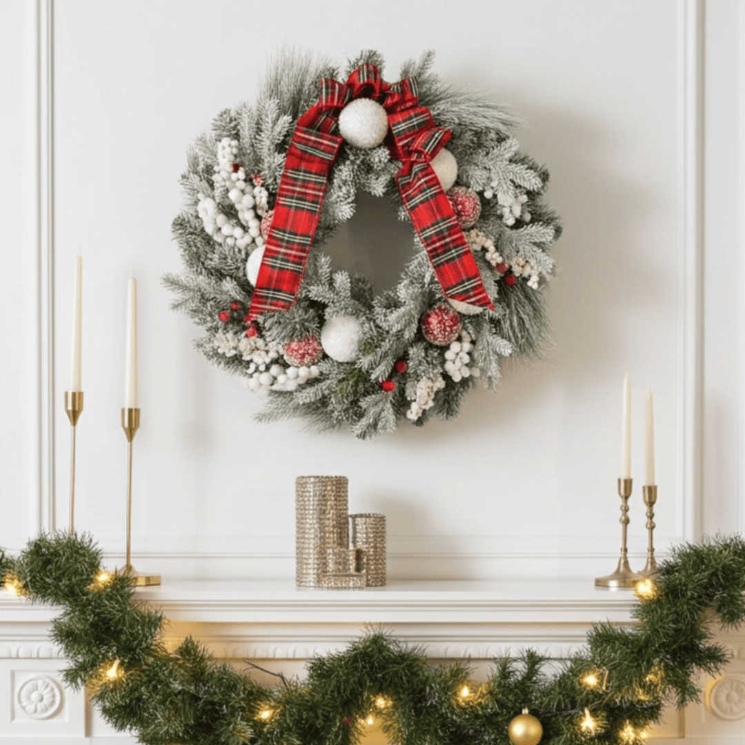 Decorative Christmas wreath with plaid ribbons on a white wall above a mantel with candles and garland.