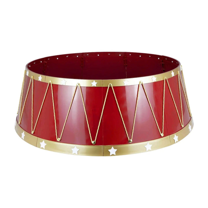 Red and gold drum style Christmas tree skirt with white stars