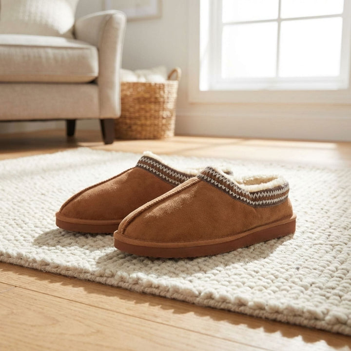 mens tan mule slippers pair on rug in living room with white chair in background
