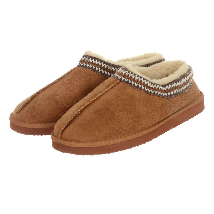 pair of mens tan suede mule slippers with braided collar and fur lining