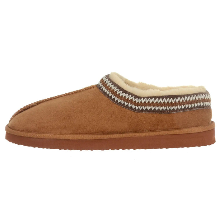 Side view of a tan suede mule slipper with braided collar detail and fur lining