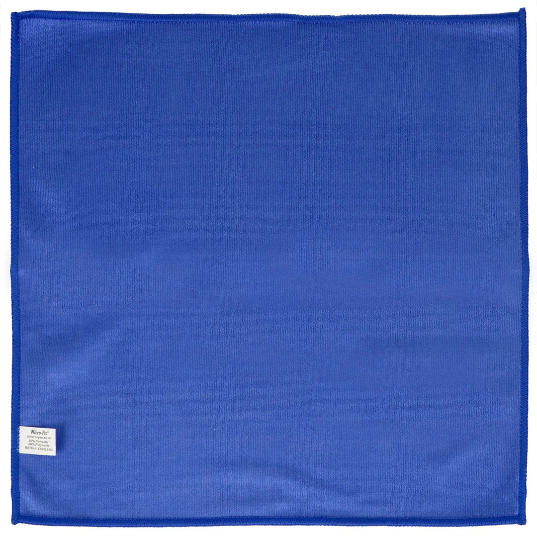 Top down view of a square blue microfibre glass cloth