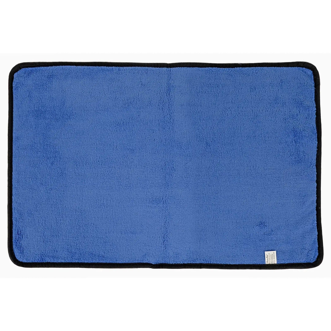 Top down view of a blue microfibre buffing towel with black trim