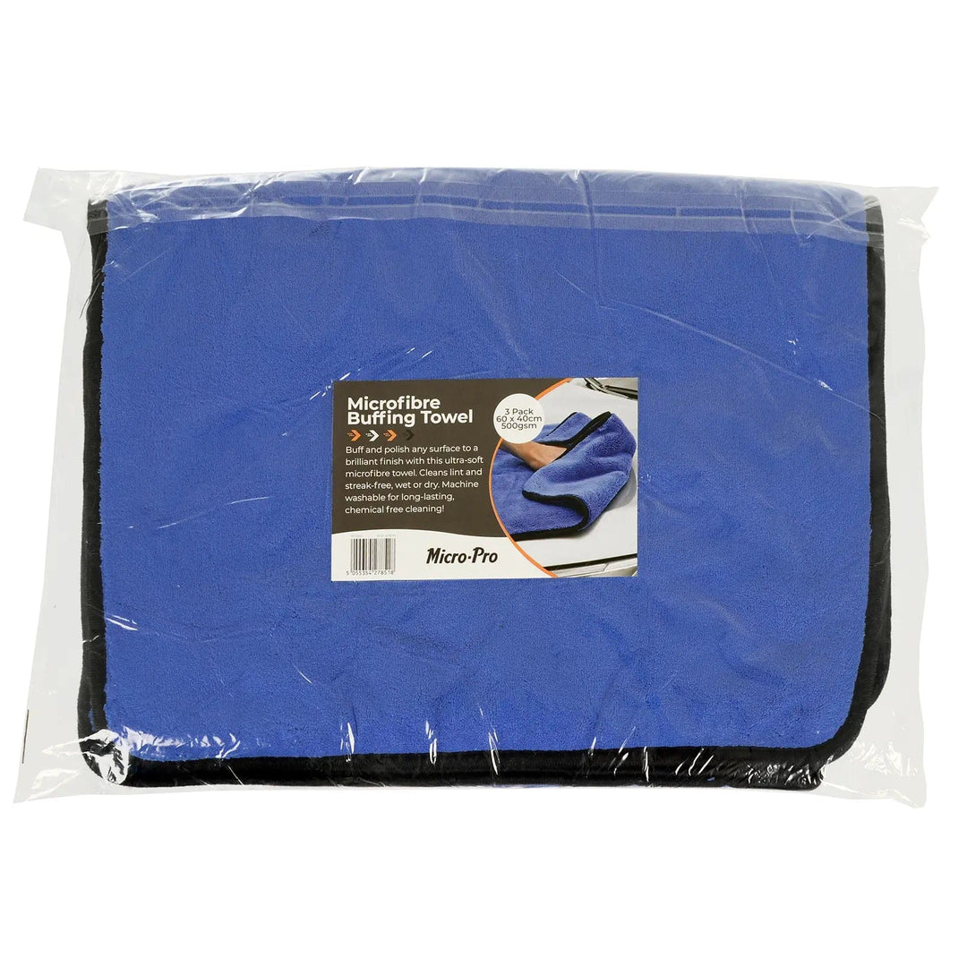 3 microfibre buffing towels in packaging