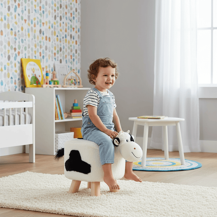 Child sitting on a toy cow in a nursery room