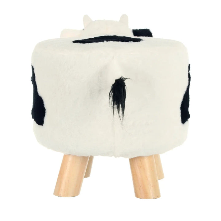 View of the back and tail of a black and white cow design kids stool with removable fleece cover