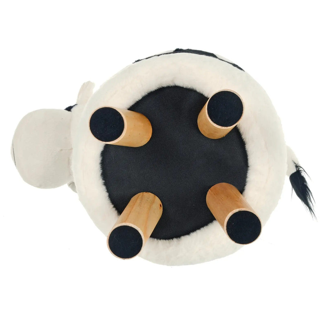 Underside of a kids animal design stool with wooden legs and removable cover