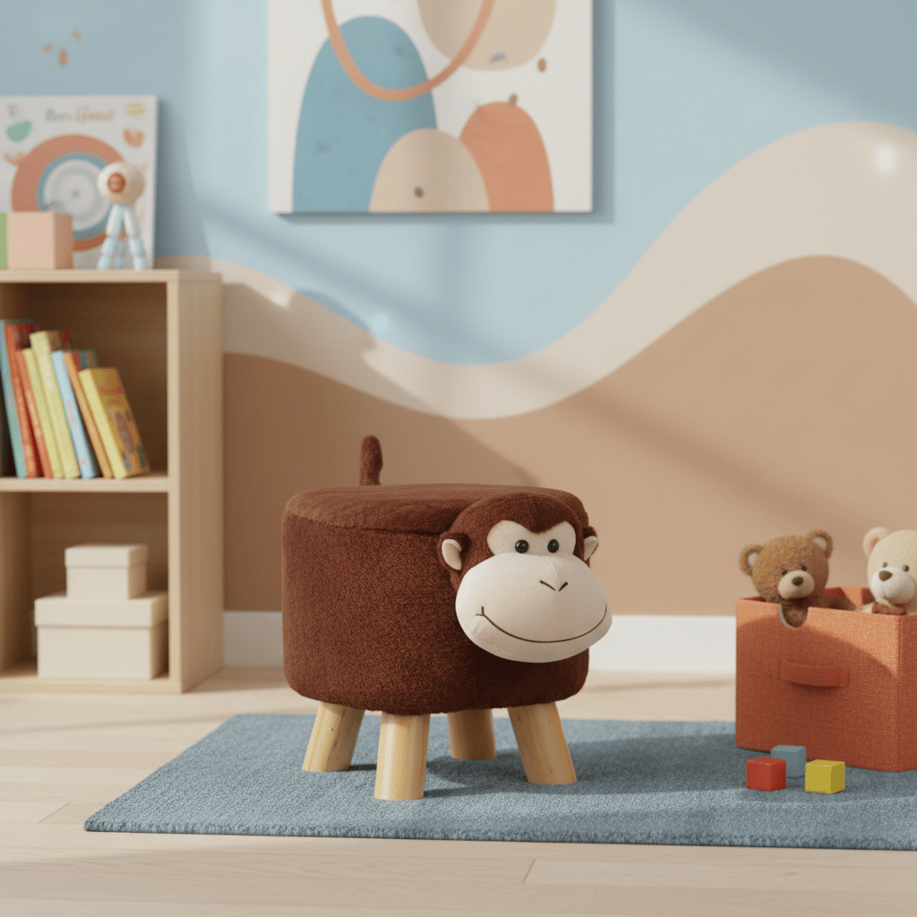 Monkey-shaped ottoman in a child's room with books and toys.