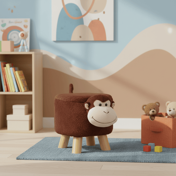Monkey-shaped ottoman in a child's room with books and toys.
