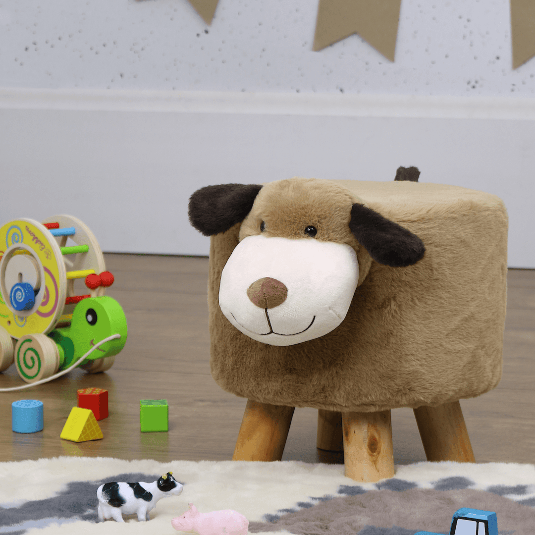 dog shaped kids stool in playroom on top of fluffy dog with wooden toys in the background