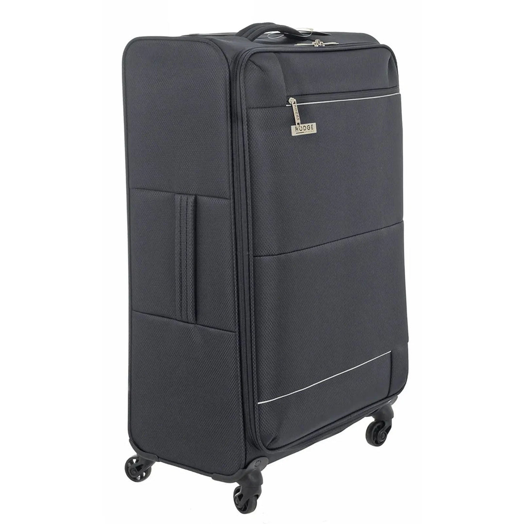 Large grey suitcase with 4 wheels and side handle