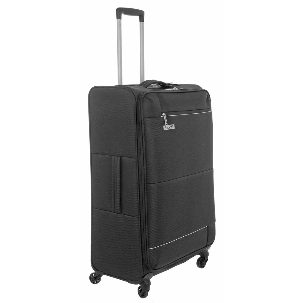 Large grey suitcase with 4 wheels, side handles and telescopoic handle