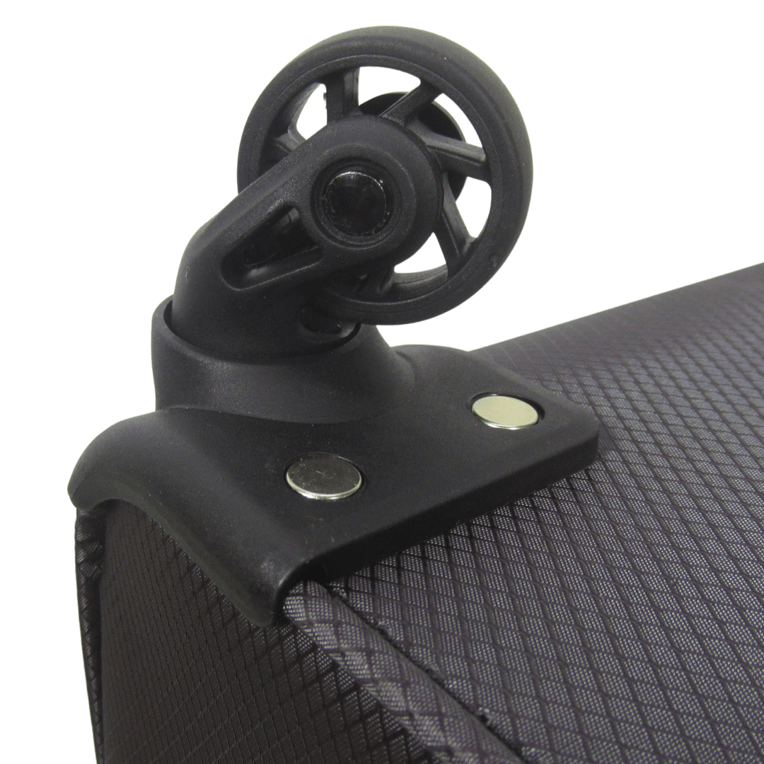 Close up of a spinner wheel on the base of a suitcase