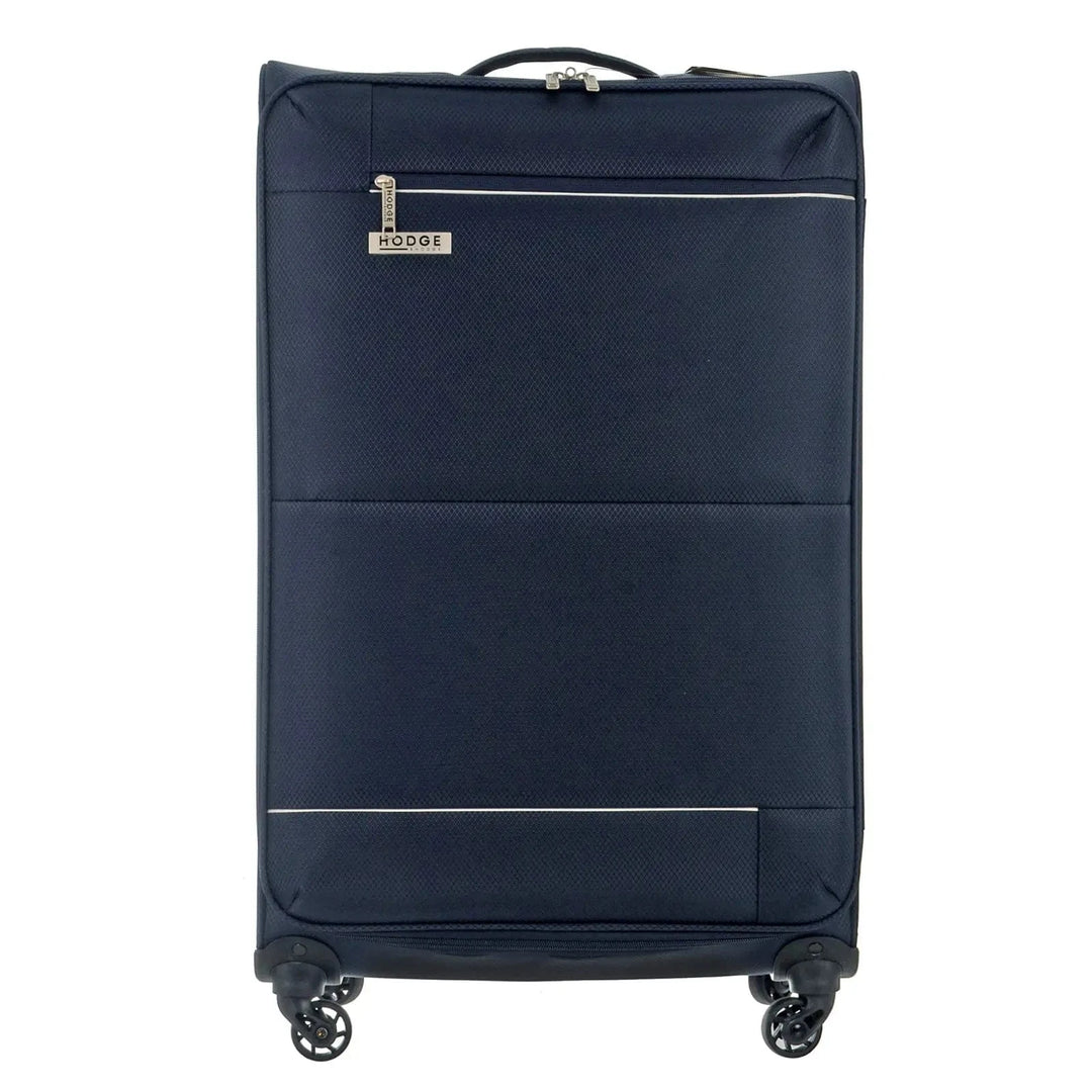 Large navy blue trolley case with 4 wheels for holiday travel