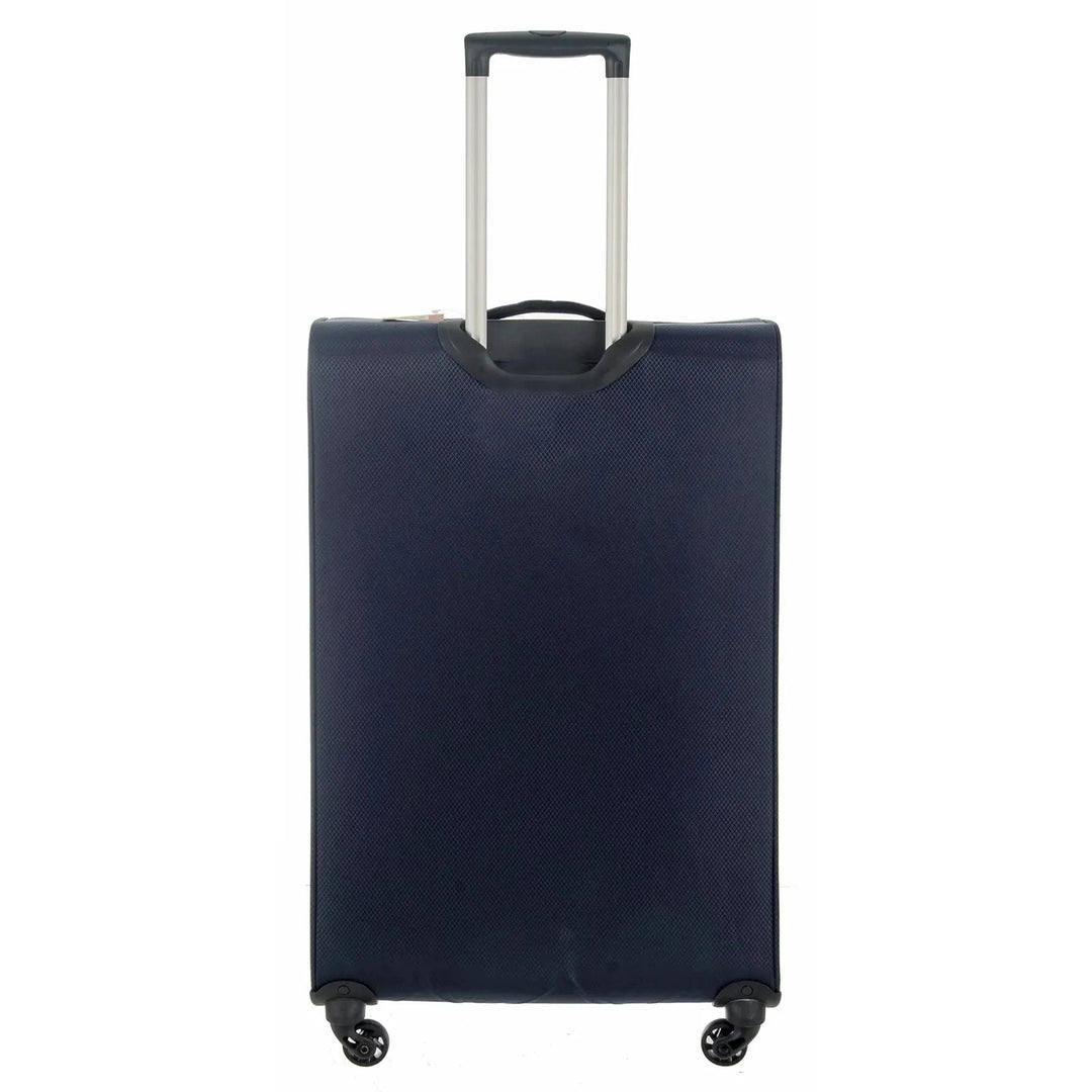 Back view of a navy blue trolley case with extended handle and 4 wheels