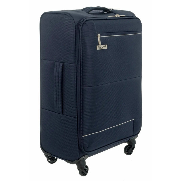 Large navy blue suitcase with 4 wheels and side handle