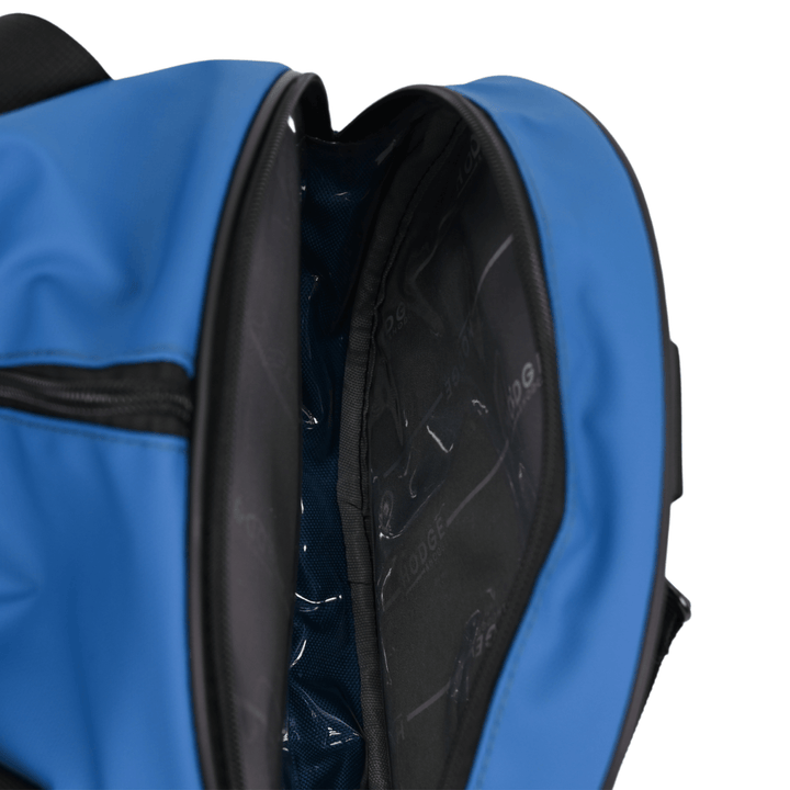 top view of duffle bag interior with branded lining and transparent polyester cover 
