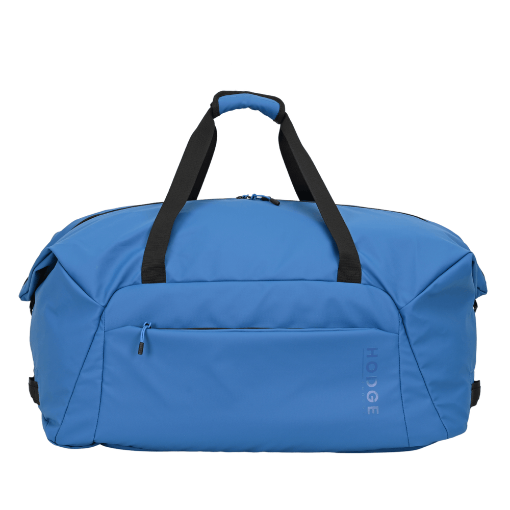 front view of hodge and hodge holdall with carry straps and rubber zips
