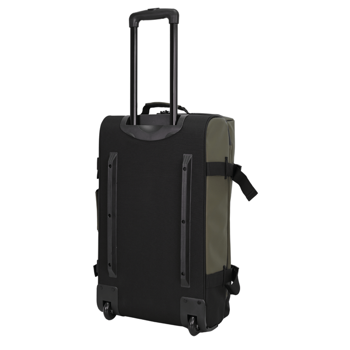 back view of medium sized suitcase with two plastic feet for stability 