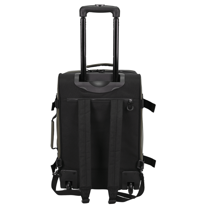 back view of 20" suitcase with backpack straps that can be stored away