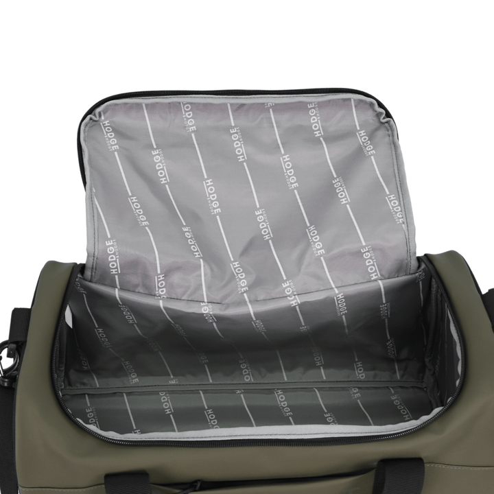 detail of interior with branded lining and one large main compartment