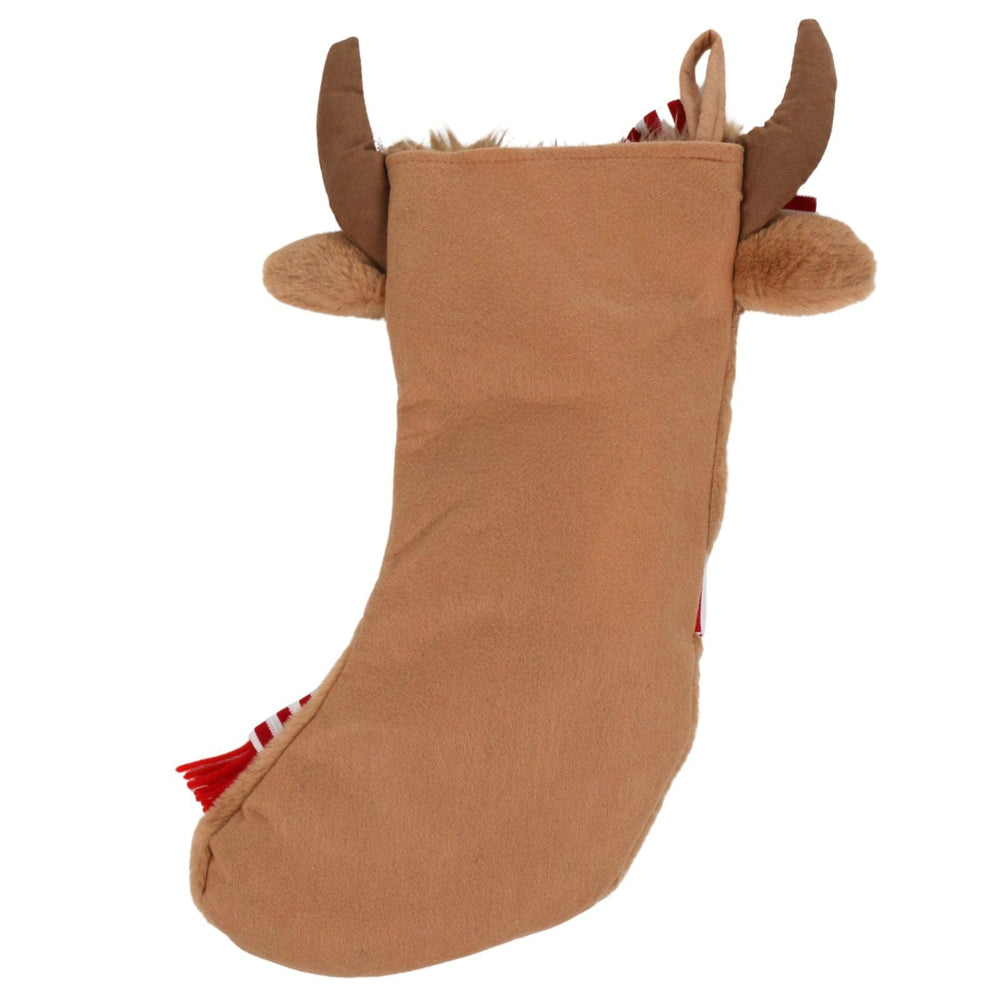 Brown highland cow Christmas stocking with horns on a white background