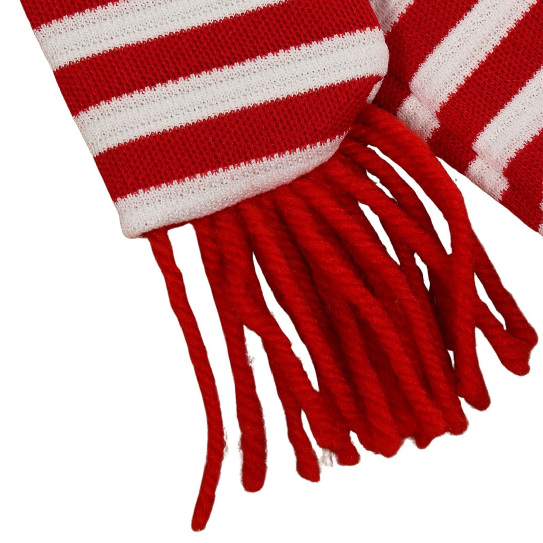 Red and white striped scarf with fringed ends on a white background