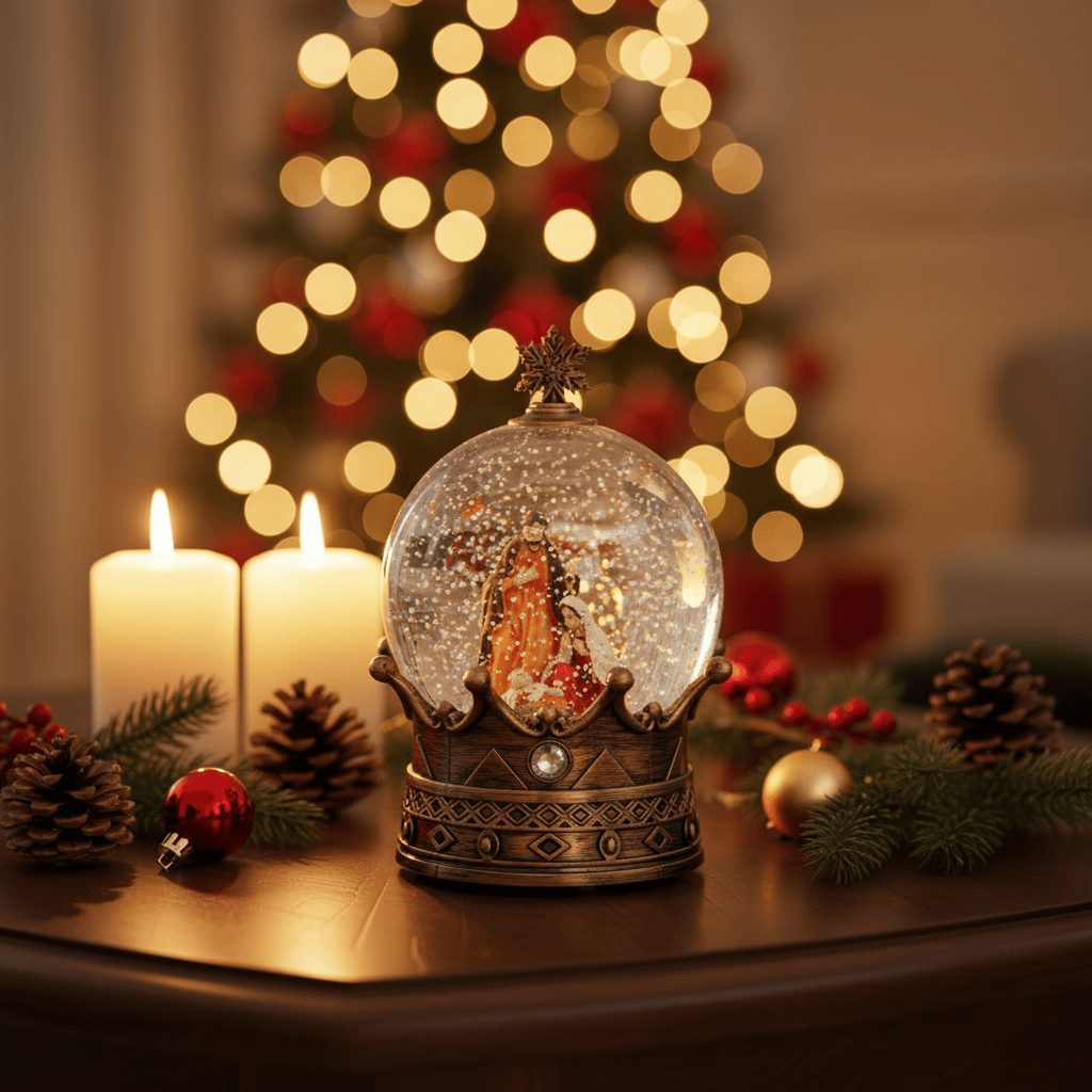 Decorative snow globe with a bronze base and star-shaped top on a white background