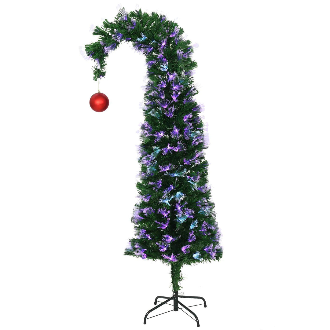 fibre optic curved tree with purple and blue lights and red bauble hanging on the end